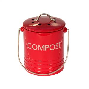 Small metal food waste caddy in red