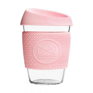 Durable lightweight borosilicate glass coffee cup with pink silicone anti-slip grip sleeve and splash proof lid.