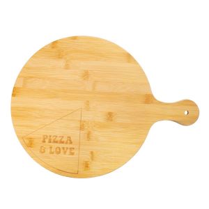 Bamboo pizza board with engraved slive and words that read 'pizza & love'