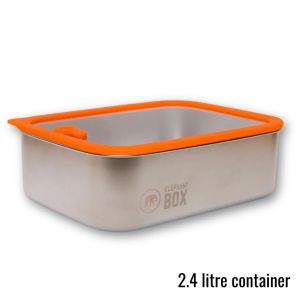 Large food preparation and storage container by Elephant Box made from stainless steel with a borosilicate glass lid.