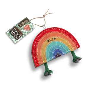 a colorful rainbow shaped eco friendly dog toy
