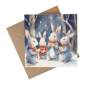 eco friendly christmas card with an image of rabbits carol singing