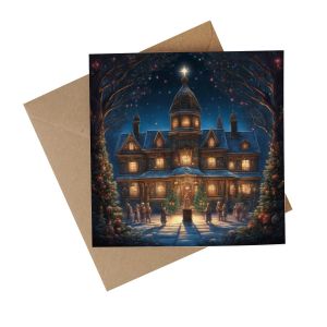 a recycled paper christmas card with a festive town hall image