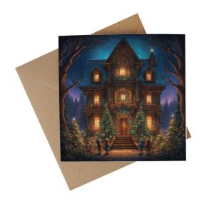 full colour recycled christmas card featuring an image of a festive house