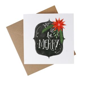 recycled paper christmas card with a chalkboard design and text reading 'Be Merry'