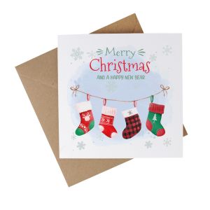 recycled paper christmas card with a festive stocking design