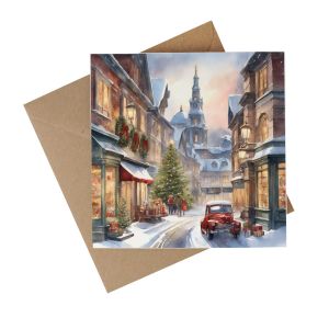 a recycled paper Christmas card with a festive street image