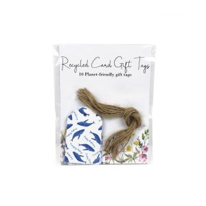 Rectangular recycled paper gift tags with a scalloped edge, featuring a happy birthday design with whales. Presented with pre-cut twine lengths.