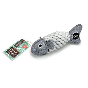 grey fish shaped dog toy made from jute, felt, suede and a recycled plastic bottle
