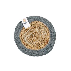 natural round seagrass and jute coaster with blue border