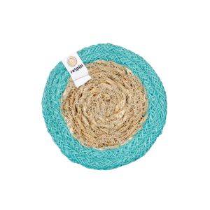 round natural seagrass and jute coaster with turquoise border