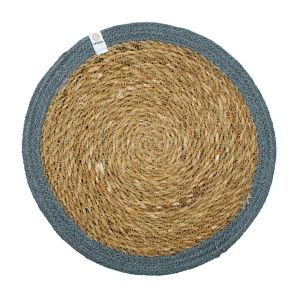 eco friendly seagrass and jute round table placemat with blue edge