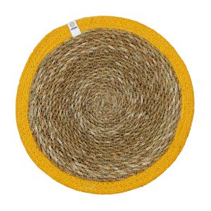 natural woven seagrass and jute round table placemat with yellow border