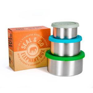Stainless steel canisters set with colourful, leakproof silicone lids.