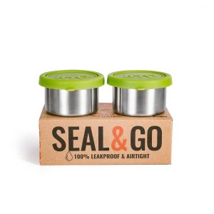 Set of two snack pots, made from stainless steel and each featuring a green silicone lid.