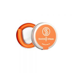 Reusable orange silicone straw, presented in a plastic-free travel tin.