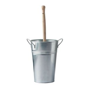 eco friendly toilet brush with a silver metal bucket and beechwood brush