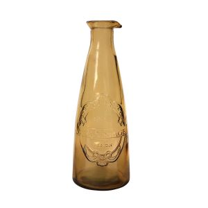 large glass drinks serving carafe with an embossed vintage logo