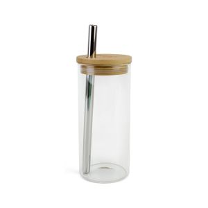 Glass cup with bamboo lid and stainless steel straw for smoothies