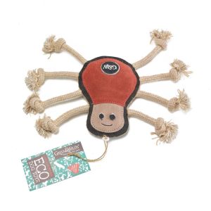 eco friendly sustainable dog toy made from suede and jute, shaped like a spider with a happy face