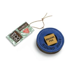 Eco-friendly dog chew toy with a pun on the front, square peg round hole