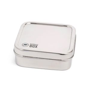 Stainless steel square lunch box, designed to be used to pack a sandwich or salad for lunch on-the-go.