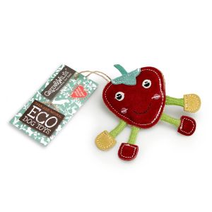 small eco friendly suede and jute dog toy shaped like a strawberry