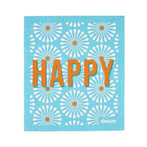 a bright blue cleaning cloth with orange text reading 'Happy', made from compostable materials
