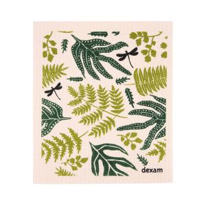 an eco-friendly, reusable dish cloth made from plant cellulose with a green leaf print