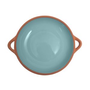 a large terracotta serving dish, with a duck egg blue glaze
