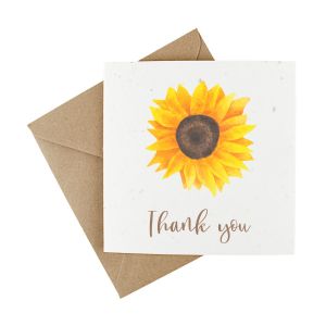 Thank you card made from wildflower seeded paper and shows a sunflower and thank you message on front.