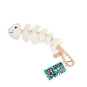 
Fish skeleton dog toy, made from suede and jute rope.