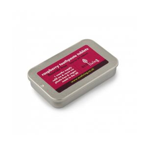 tin of raspberry flavoured toothpaste tablets which are fluoride free