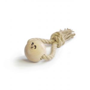 Eco-friendly dog toy with a wooden ball and natural rope