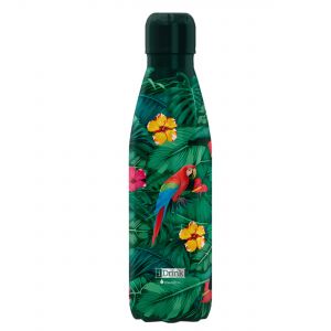 Stainless steel water bottle with floral art and parrots
