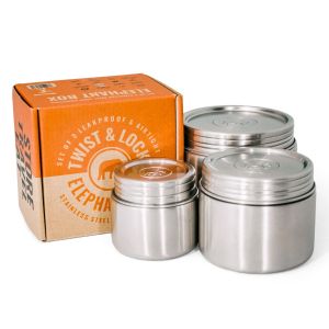 Set of 3 stainless steel canisters (1 small, 1 medium and 1 large) with leakproof seal screw top lids.