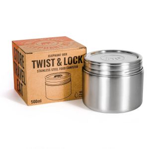 Twist and lock food storage canister by elephant box, with a leakproof screw top lid.