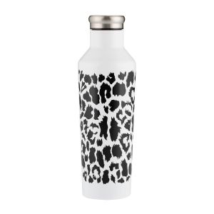 Stainless steel water bottle in white with leopard prints