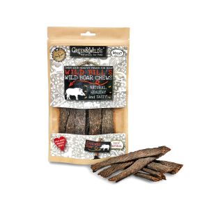 100g pack of natural wild boar dog chews with no additives or preservatives
