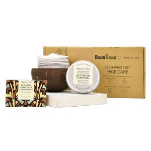 Skin care gift set containing a coconut bowl, reusable makeup pads, clay mask and soap