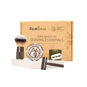 Zero-waste shaving kit containing brush, metal safety razor, balm and replacement blades